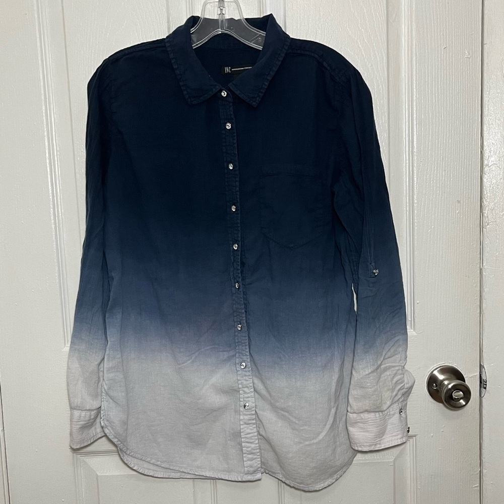 INC International Navy and Off White Button Down Tap Sleeve Top | size 12